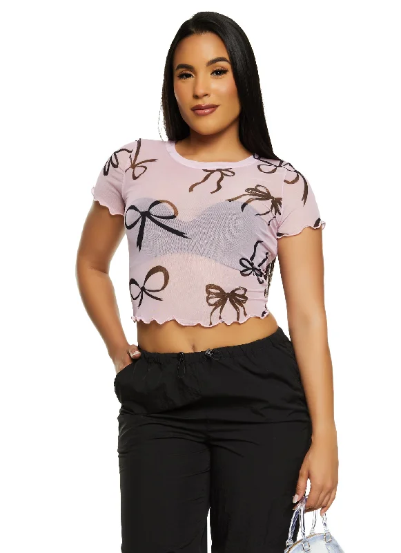 Mesh Bow Print Crop Top