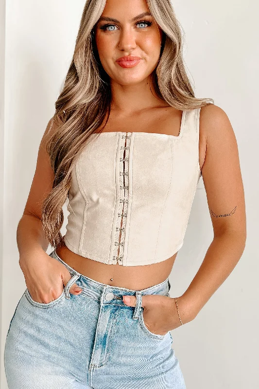 Walking A Fine Line Faux Leather Hook & Eye Crop Top (Cream)