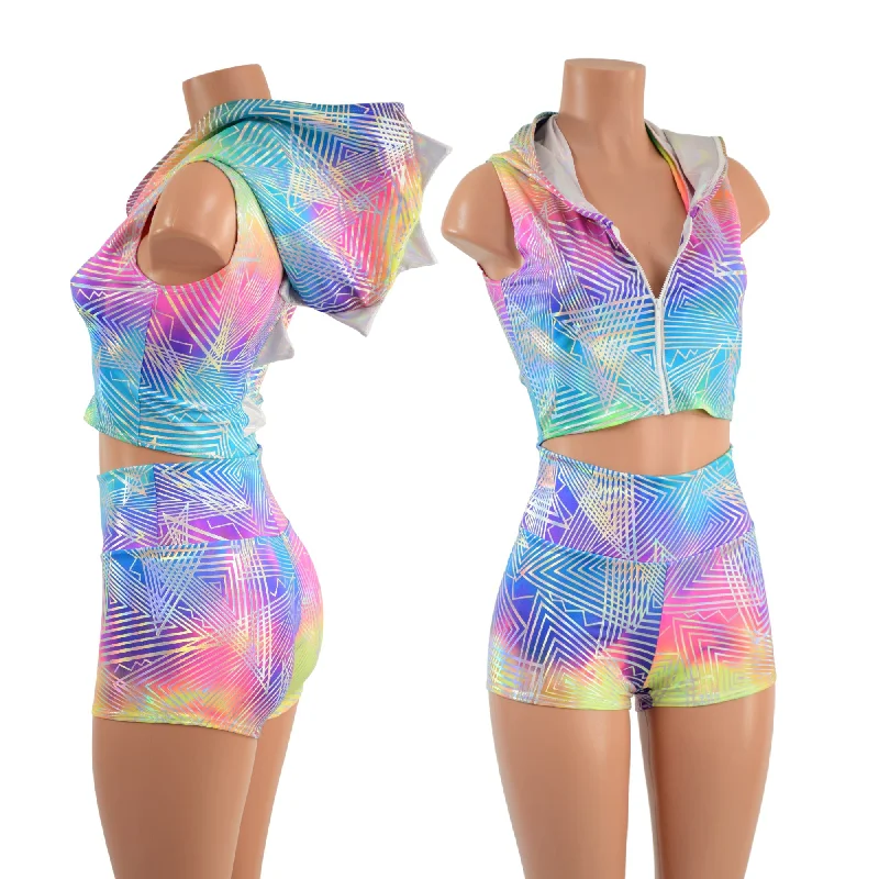 Spectrum Dragon Hooded Crop Top and High Waist Shorts Set