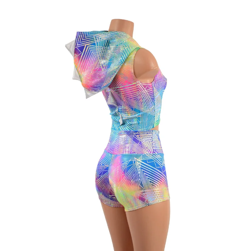 Spectrum Dragon Hooded Crop Top and High Waist Shorts Set