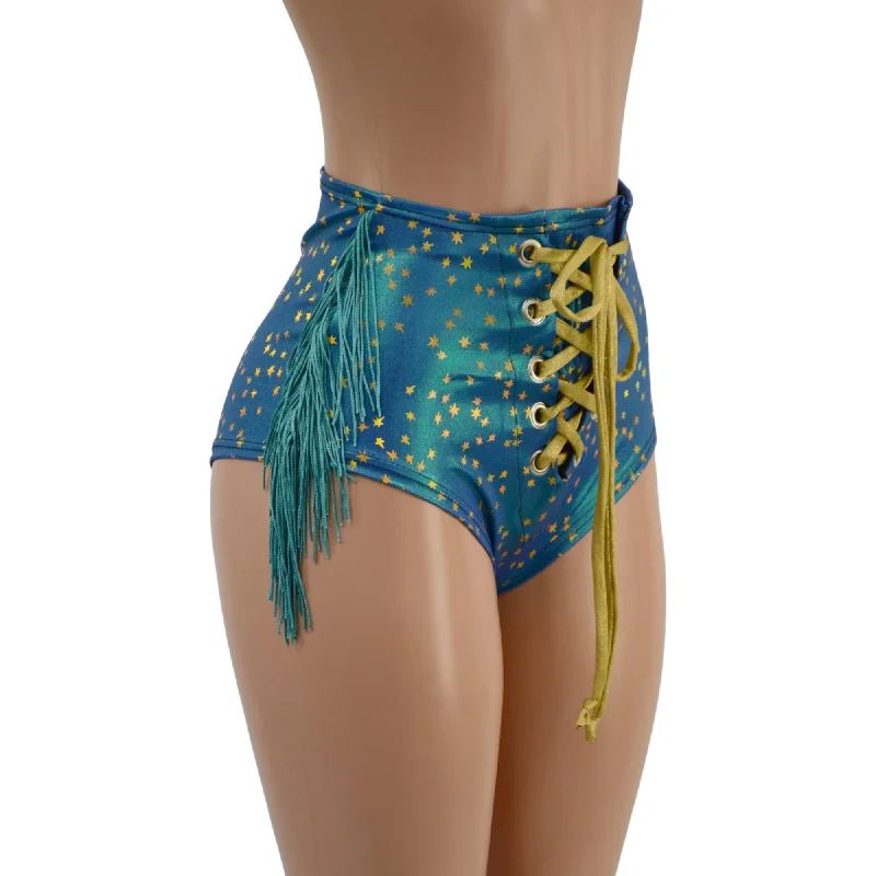 Stardust Laceup Front Siren Shorts with Dusty Jade Fringe