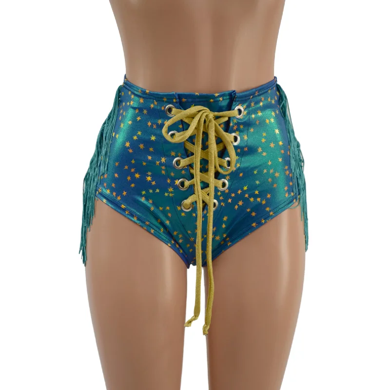 Stardust Laceup Front Siren Shorts with Dusty Jade Fringe