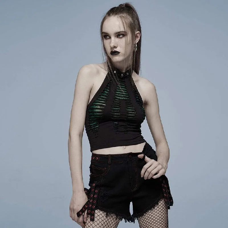 Women's Grunge Ripped Skull Halter Crop Top