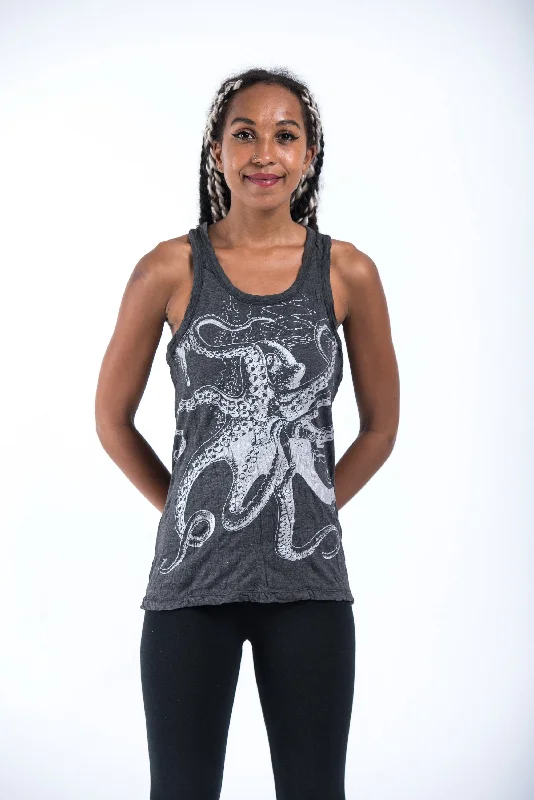 Womens Octopus Tank Top in Silver on Black