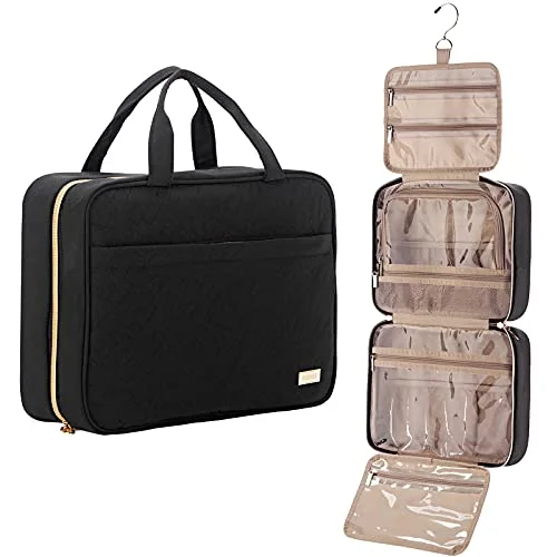 Travel - Size Toiletry Bottles with Leak - Proof Caps in ClearNISHEL Large Hanging Travel Toiletry Bag, Portable Makeup Organizer, Water Resistant Cosmetic Holder for Brushes Set, Full-Sized Shampoo, Conditioner, Accessories, Black
