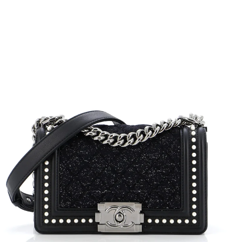 Boy Flap Bag Quilted Tweed with Pearl Embellished Calfskin Small