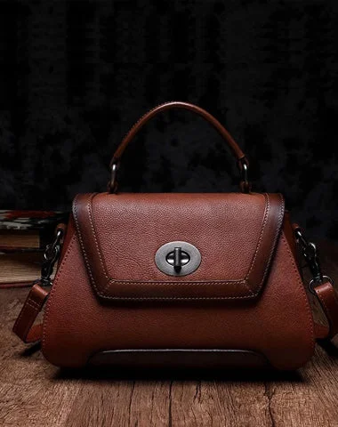 Brown Geometric Vintage Womens Handbag Leather Black Shoulder Handbag Purse