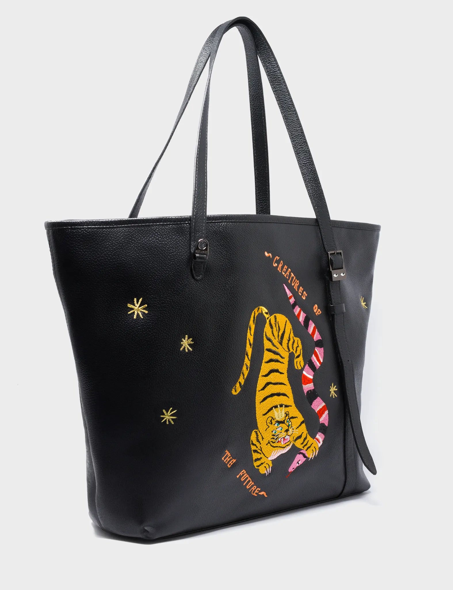 Quilted Tote Bag in Cream with Silver Hardware for a Classic and Sophisticated StyleBruno Black Leather Tote Bag - Creatures of the Future Embroidery