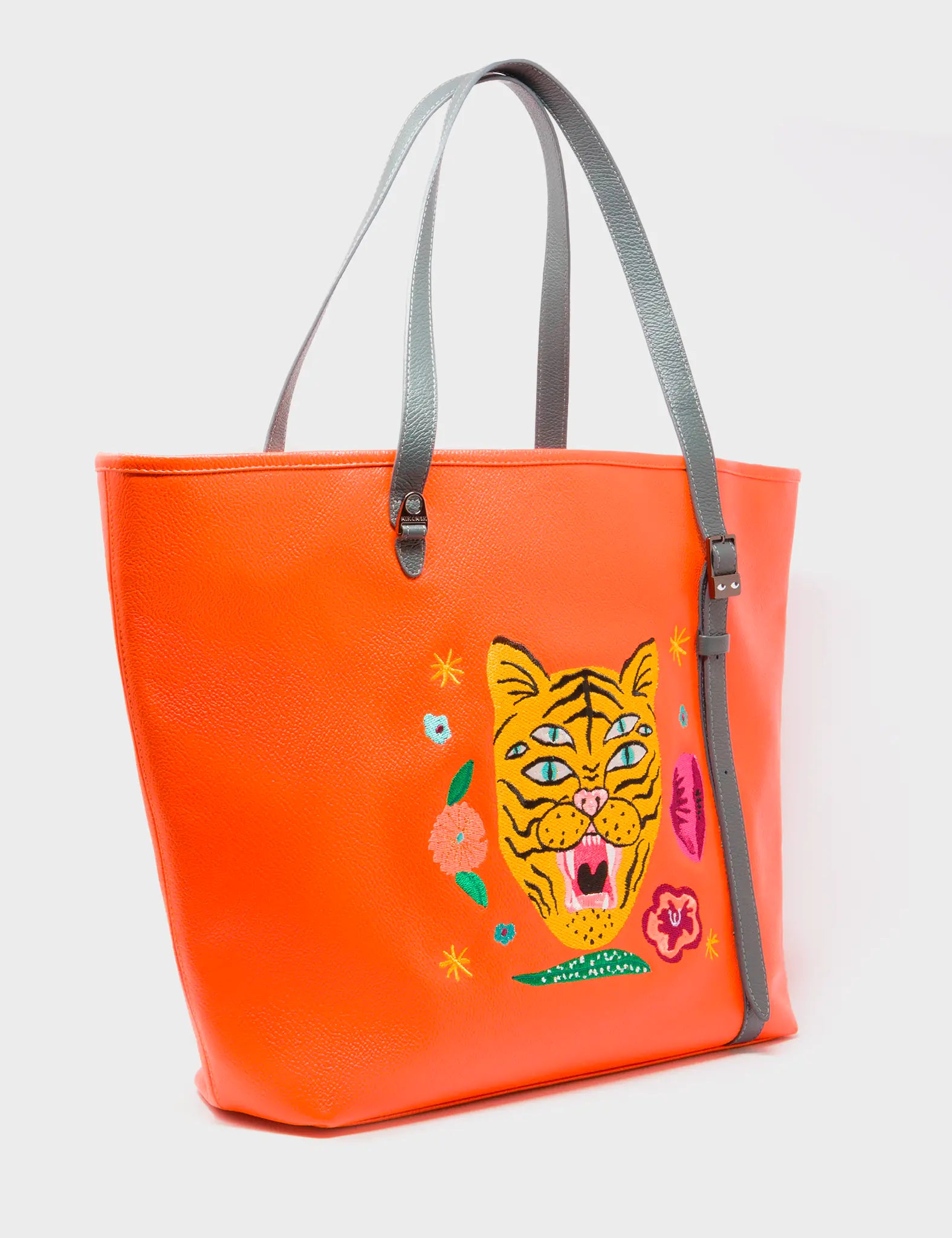Geometric - Printed Tote Bag in Multicolor for a Contemporary and Trendy OutfitBruno Vermillion Leather Tote Bag - Tiger and Flowers Embroidery