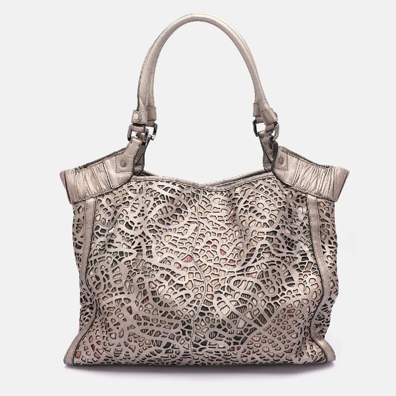 Women's Tote Bag with Zipper Closure in Red for Secure StorageOversized Jute Tote Bag in Natural Color with Rope Handles for a Beach VacationBurberry Metallic Taupe Laser Cut Leather And Coated Canvas Tote