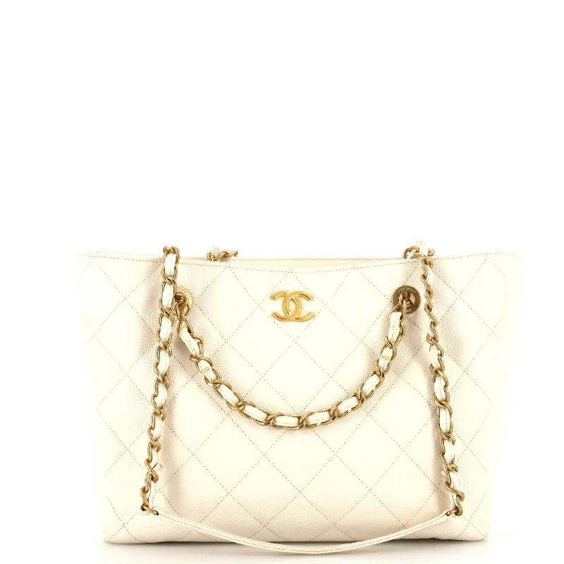 Small Vegan Leather Tote Bag in Blush Pink with Gold - Tone Hardware for a Feminine and Stylish AccessoryCC Trapezoid Chain Shopping Tote Quilted Caviar Small