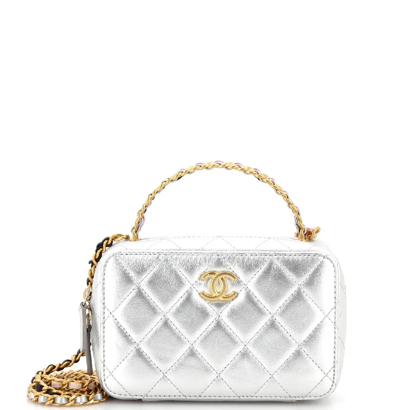 CC Woven Rainbow Chain Handle Zip Around Vanity Case Quilted Lambskin Mini