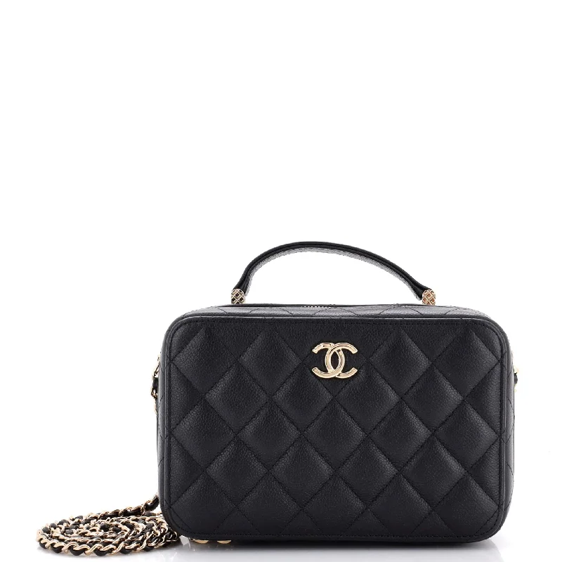 CC Zip Around Top Handle Vanity Case with Chain Quilted Caviar Small