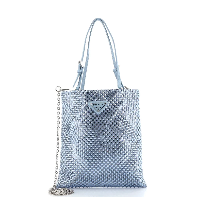 Tote Bag with Adjustable Shoulder Strap in Olive Green for Comfortable CarryingChain Flat Tote Crystal Embellished Satin Mini