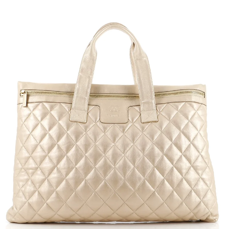 Embroidered Tote Bag in Beige with Floral Motifs for a Boho - Chic VibeCoco Cocoon Flat Tote Quilted Calfskin Large Embroidered Tote Bag in Beige with Floral Motifs for a Boho - Chic VibeCoco Cocoon Flat Tote Quilted Calfskin Large