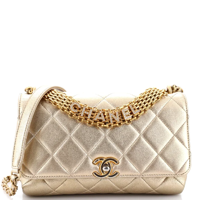 Crystal Logo Letters Chain Handle Flap Bag Quilted Lambskin Medium