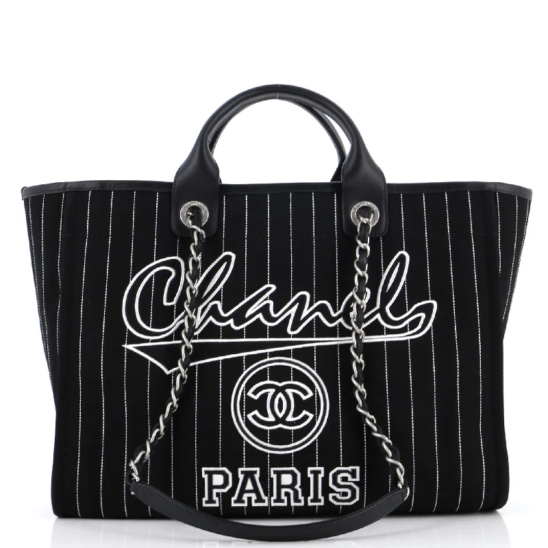 Quilted Tote Bag in Cream with Silver Hardware for a Classic and Sophisticated StyleDeauville Tote Pinstripe Cotton Medium