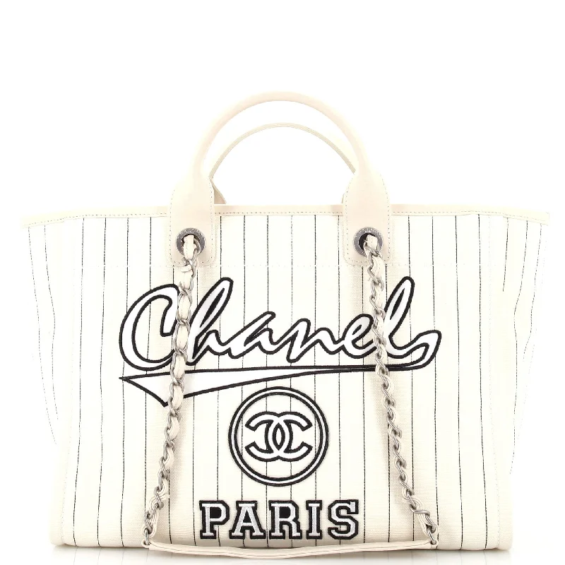 Faux Fur - Trimmed Tote Bag in White for a Cozy Winter LookDeauville Tote Pinstripe Cotton Medium