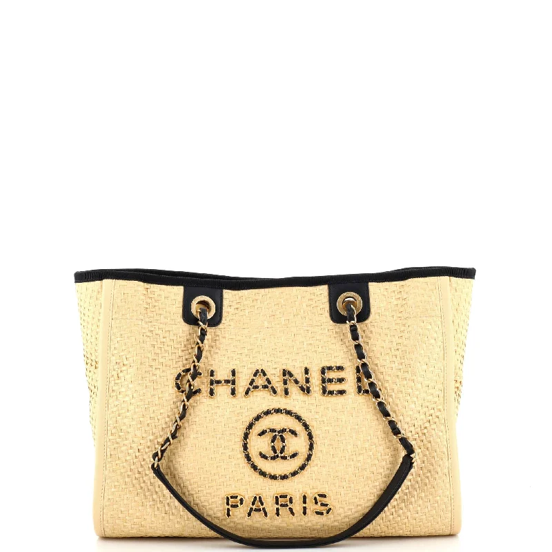 Embroidered Tote Bag in Beige with Floral Motifs for a Boho - Chic VibeDeauville Tote Straw with Chain Detail Small