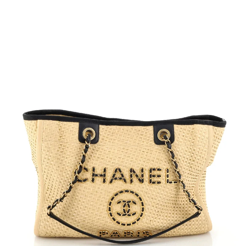 Large Capacity Genuine Leather Women's Tote Bag in Black for Work and CommutingDeauville Tote Straw with Chain Detail Small