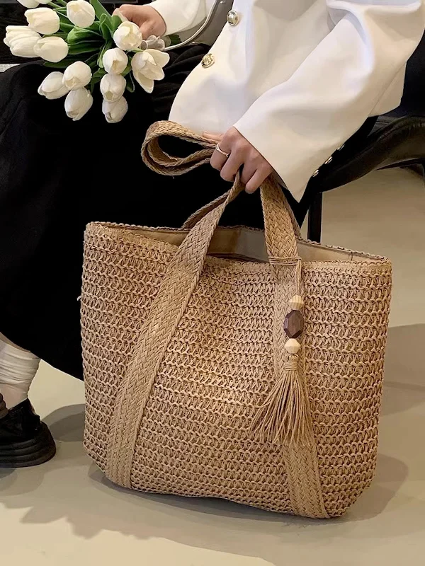 Women's Tote Bag with Zipper Closure in Red for Secure StorageElena Handbags Large Straw Woven Tote Bag