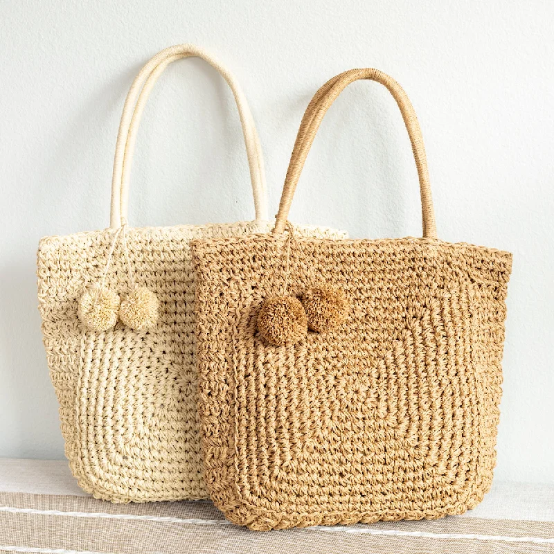 Patchwork Tote Bag in Denim with Vintage - Inspired Designs for a Retro AppealElena Handbags Patterned Straw Woven Tote with Pom Pom Patchwork Tote Bag in Denim with Vintage - Inspired Designs for a Retro AppealElena Handbags Patterned Straw Woven Tote with Pom Pom