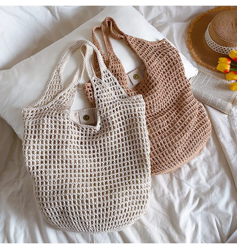 Women's Tote Bag with Magnetic Closure in Orange for Easy Access on the GoElena Handbags Retro Cotton Knitted Tote Bag
