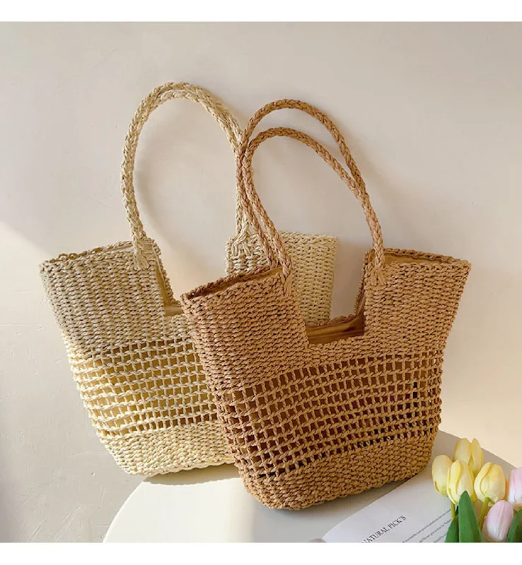 Women's Tote Bag with Inner Compartments in Gray for Organizing Everyday EssentialsElena Handbags Straw Basket Summer Tote Bag