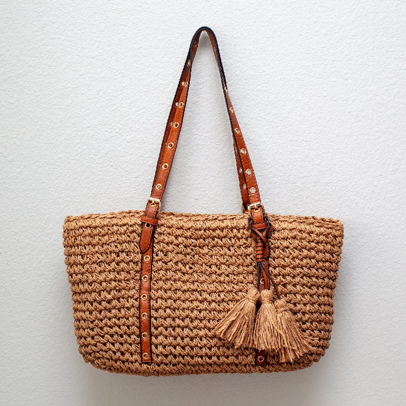 Women's Printed Tote Bag in Floral Patterns for a Spring - Themed Shopping TripElena Handbags Straw Woven Tote with Leather Straps