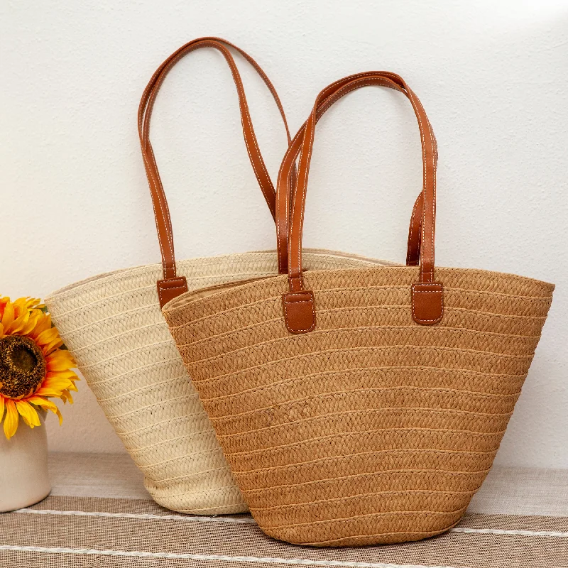 Monogrammed Tote Bag in Brown Leather with Personalized Initials for a Custom and Elegant TouchElena Handbags Summer Basket Tote Bag