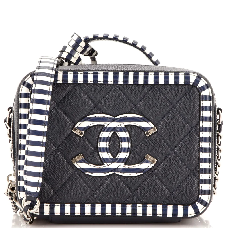 Filigree Vanity Case Quilted Caviar with Striped Leather Medium