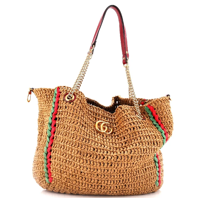 Women's Tote Bag with Zipper Closure in Red for Secure StorageGG Marmont Chain Tote Raffia Large