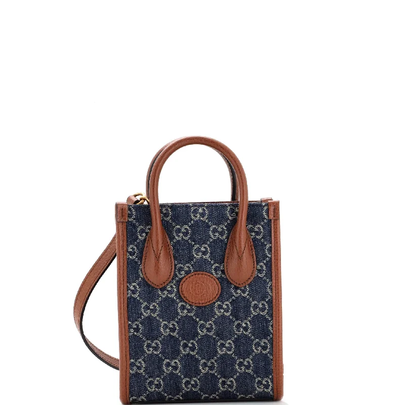 Women's Tote Bag with Inner Compartments in Gray for Organizing Everyday EssentialsInterlocking G Patch Tote GG Denim Mini Women's Tote Bag with Inner Compartments in Gray for Organizing Everyday EssentialsInterlocking G Patch Tote GG Denim Mini