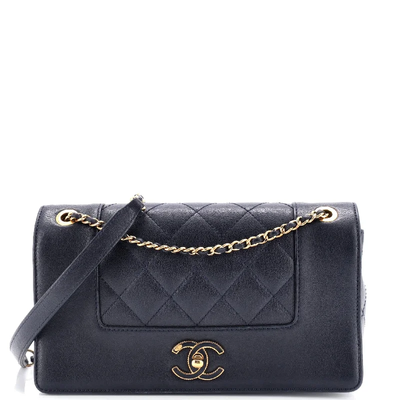 Leather Shoulder Bag with Magnetic Closure in Black for Quick AccessWomen's Shoulder Bag with Floral Embroidery in Purple for Spring WalksMademoiselle Vintage Flap Bag Quilted Sheepskin Medium