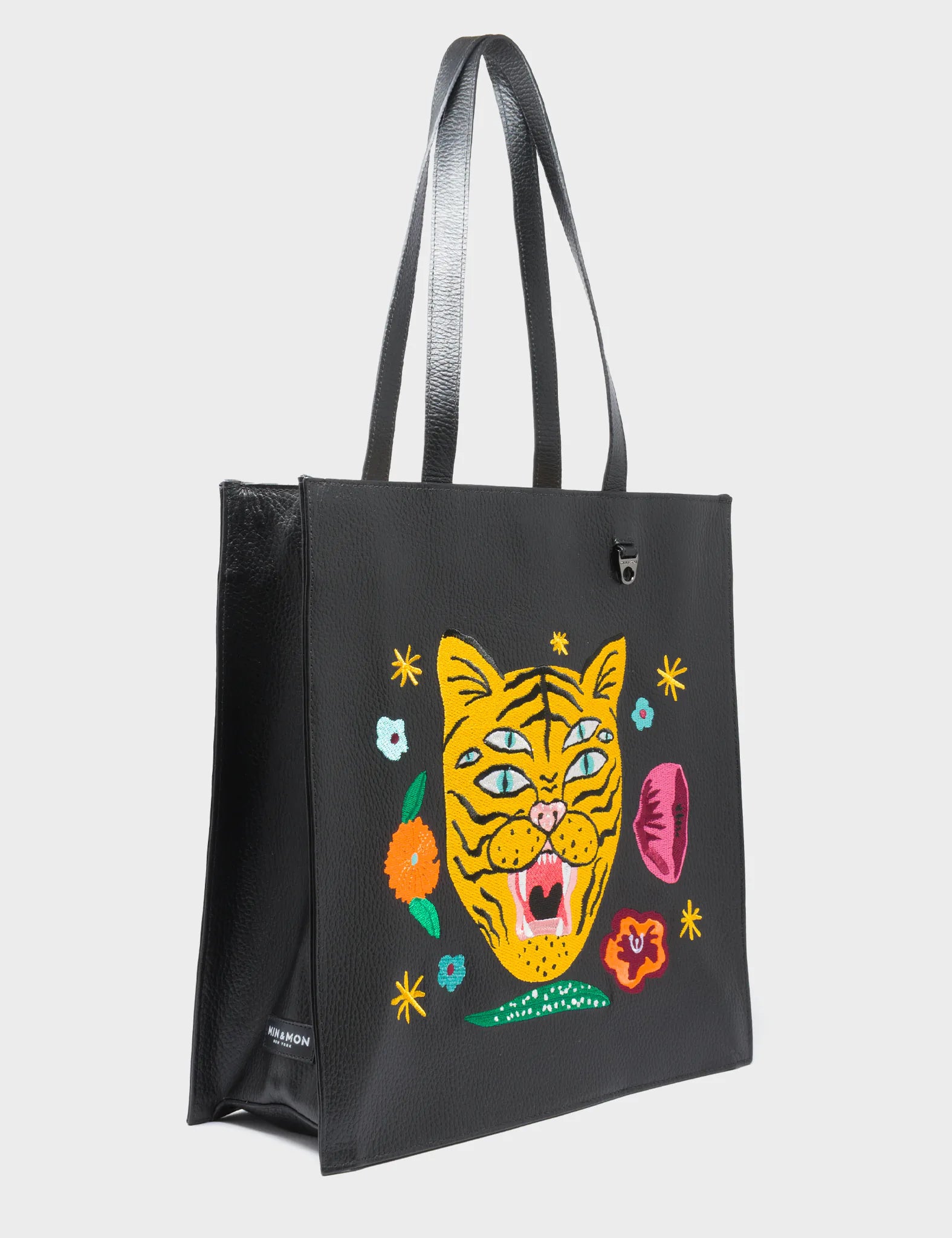 Faux Fur - Trimmed Tote Bag in White for a Cozy Winter LookMarko Black Leather Tote Bag - Tiger and Flowers Embroidery