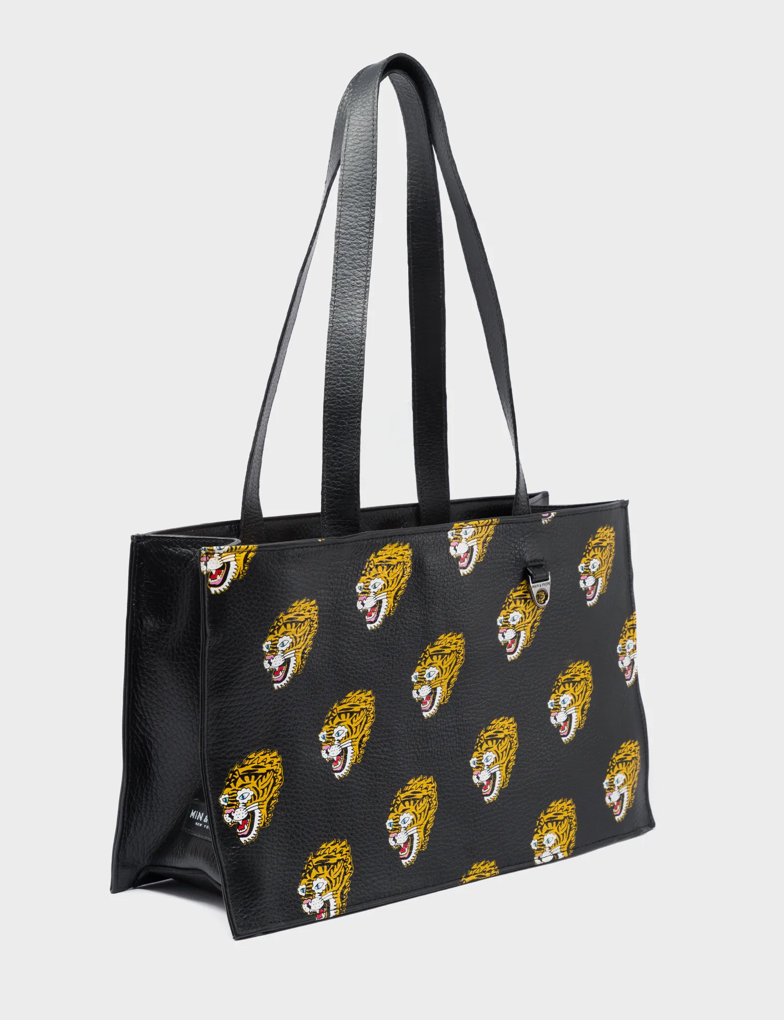 Women's Tote Bag with Detachable Pouch in Purple for Added ConvenienceMarko Small Black Leather Tote Bag - Blazing Tiger Print