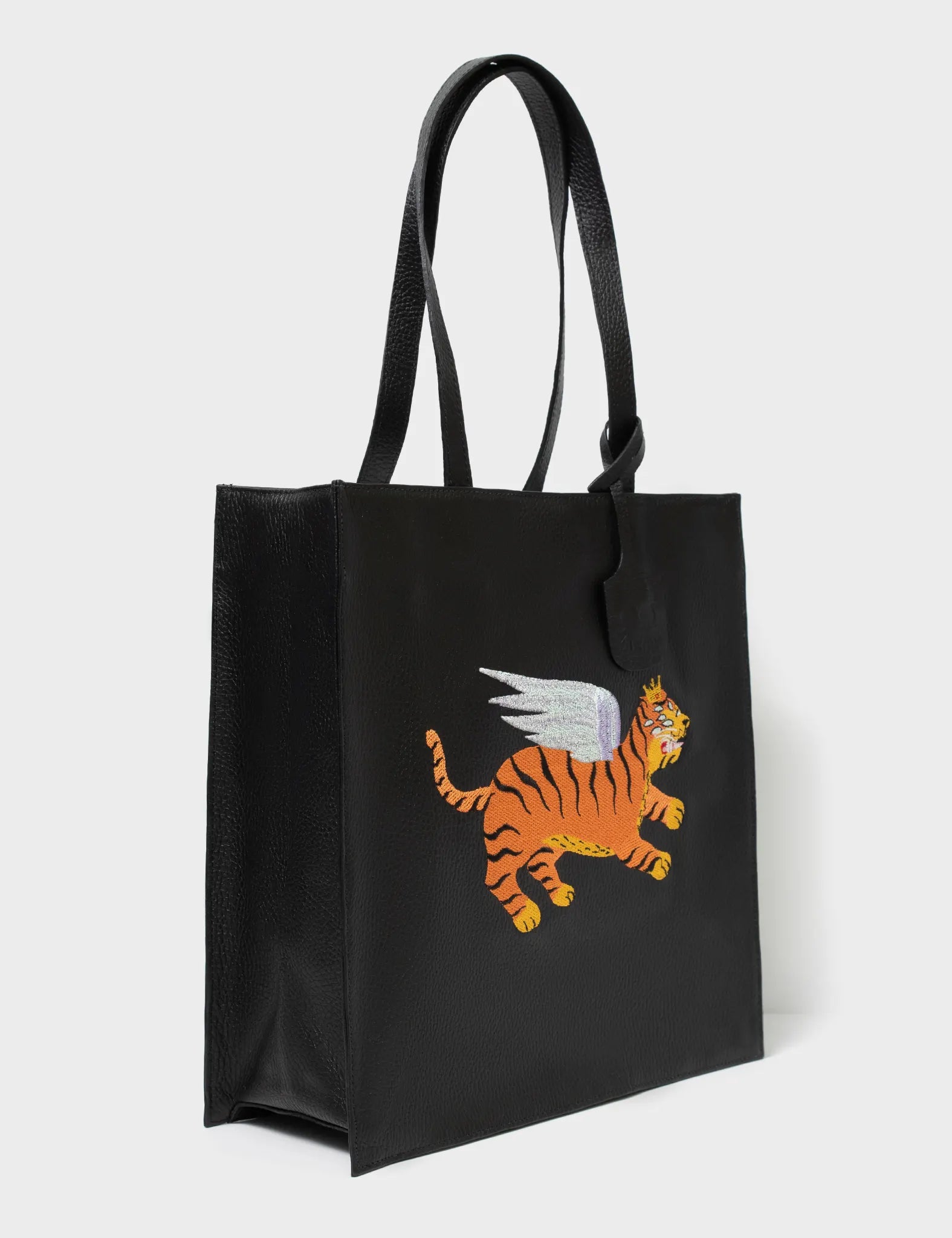Women's Tote Bag with Magnetic Closure in Orange for Easy Access on the GoMarko Black Leather Tote Bag - Flying Tiger Embroidery Women's Tote Bag with Magnetic Closure in Orange for Easy Access on the GoMarko Black Leather Tote Bag - Flying Tiger Embroidery