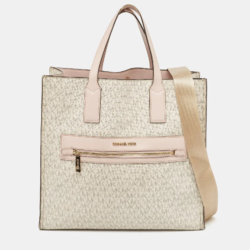 Women's Tote Bag with Magnetic Closure in Orange for Easy Access on the GoFaux Fur - Trimmed Tote Bag in White for a Cozy Winter LookMichael Kors Off White/pink Signature Coated Canvas Large Kenly Tote