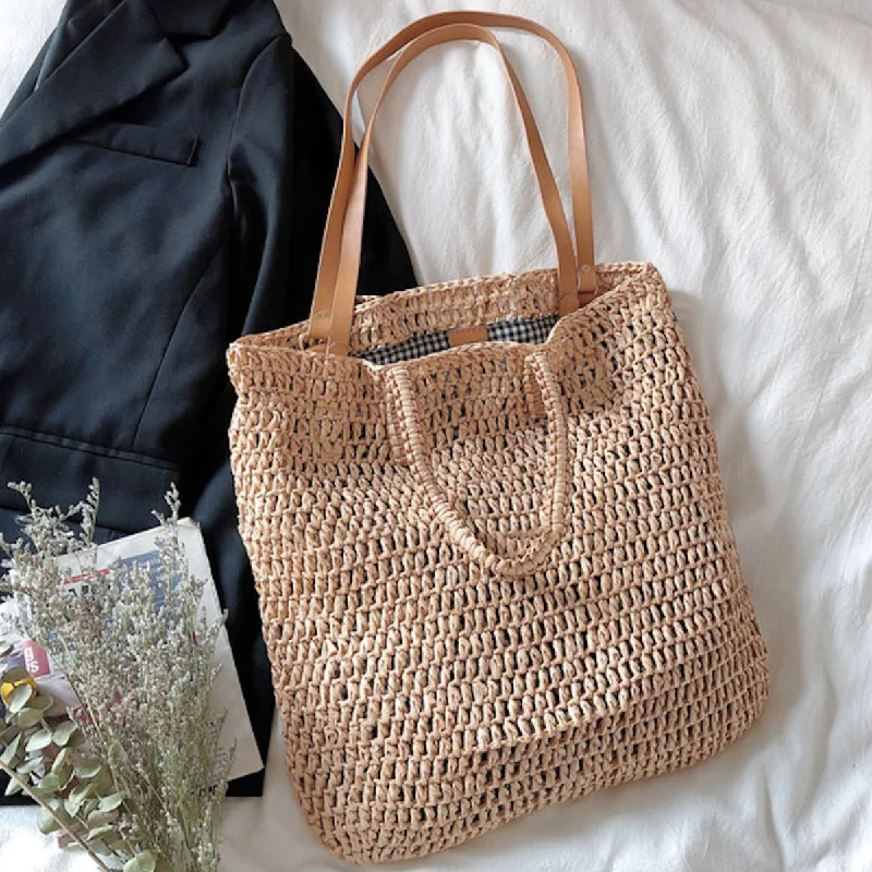 Large Capacity Genuine Leather Women's Tote Bag in Black for Work and CommutingElena Handbags Minimalistic Straw Woven Tote Bag