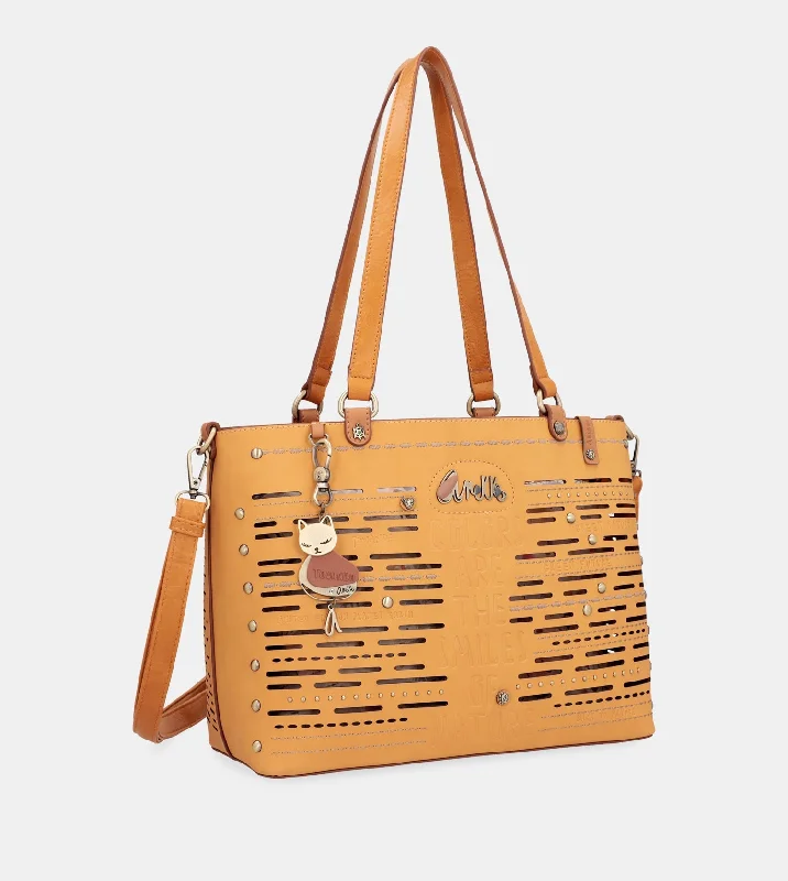 Women's Tote Bag with Magnetic Closure in Orange for Easy Access on the GoNature Pachamama ochre large tote bag