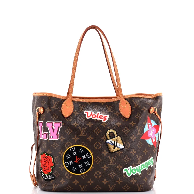 Oversized Jute Tote Bag in Natural Color with Rope Handles for a Beach VacationNeverfull NM Tote Limited Edition Patches Monogram Canvas MM