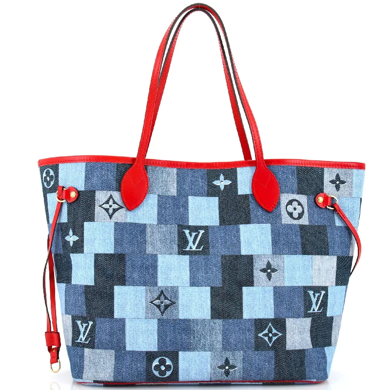 Women's Tote Bag with Zipper Closure in Red for Secure StorageNeverfull Tote Damier and Monogram Patchwork Denim MM Women's Tote Bag with Zipper Closure in Red for Secure StorageNeverfull Tote Damier and Monogram Patchwork Denim MM