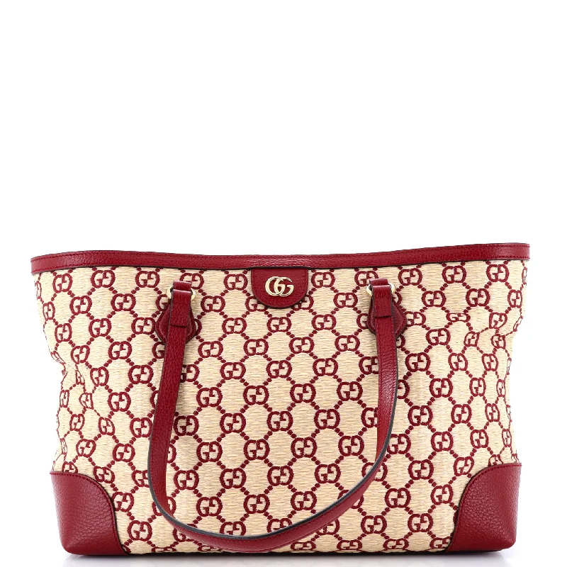 Patchwork Tote Bag in Denim with Vintage - Inspired Designs for a Retro AppealOphidia Shopping Tote GG Raffia Medium