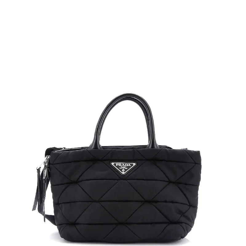 Women's Tote Bag with Inner Compartments in Gray for Organizing Everyday EssentialsPadded Tote Bag Quilted Re-Nylon with Leather Small