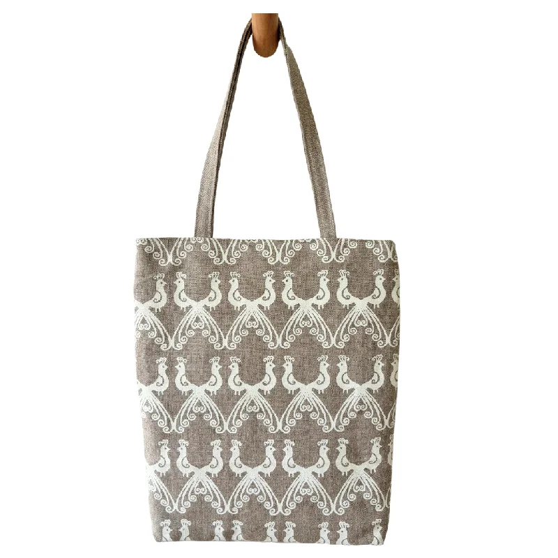 Patchwork Tote Bag in Denim with Vintage - Inspired Designs for a Retro AppealPeacocks Handprinted on Natural Linen - Shoulder Tote Bag