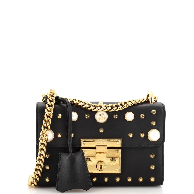 Women's Canvas Shoulder Bag in Navy with Striped Pattern for Beach TripsPearly Padlock Shoulder Bag Studded Leather Small
