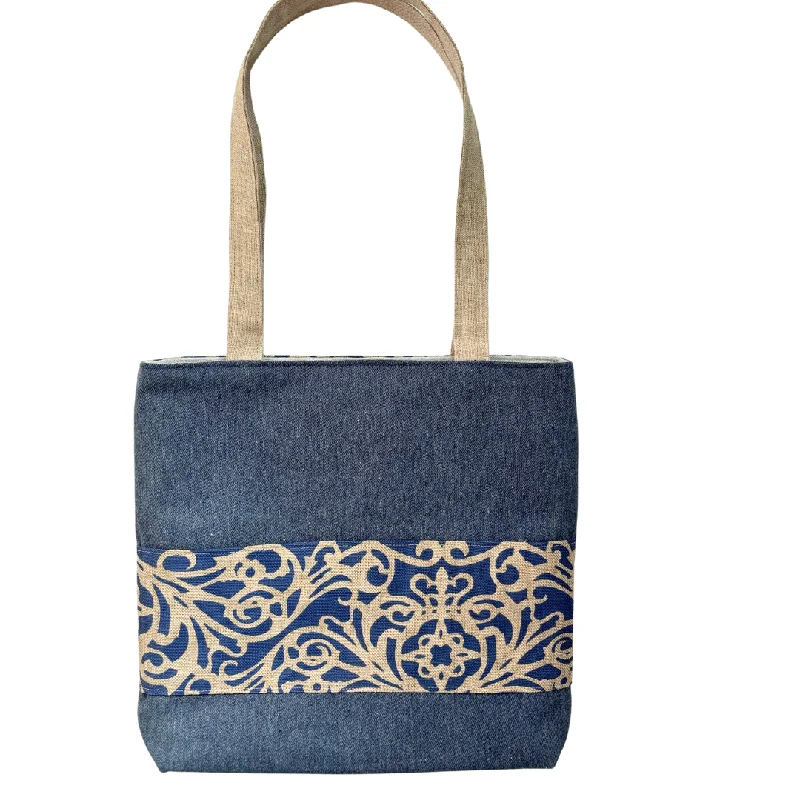 Women's Tote Bag with Inner Compartments in Gray for Organizing Everyday EssentialsSunday Denim Tote - Handprinted Linen