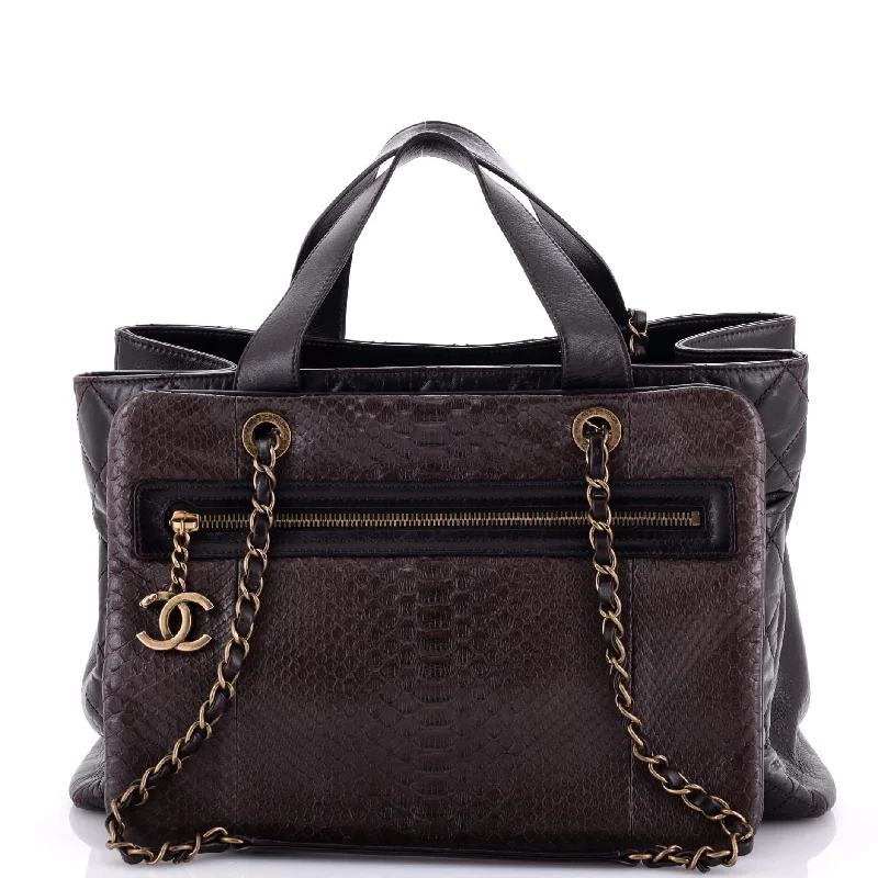 Women's Tote Bag with Inner Compartments in Gray for Organizing Everyday EssentialsUrban Mix Tote Quilted Glazed Calfskin and Python Medium Women's Tote Bag with Inner Compartments in Gray for Organizing Everyday EssentialsUrban Mix Tote Quilted Glazed Calfskin and Python Medium