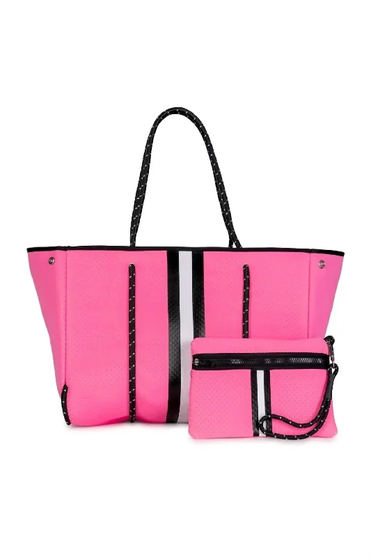 Women's Tote Bag with Zipper Closure in Red for Secure StorageWaterproof Tote Bag in Yellow for Outdoor Activities in Wet WeatherWomen's Greyson Hills Tote Bag In Neon Pink/black & White Stripe