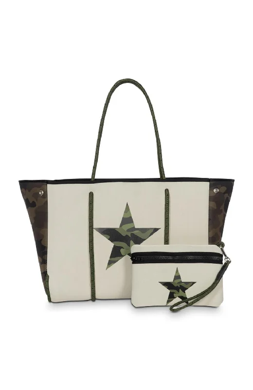 Women's Tote Bag with Detachable Pouch in Purple for Added ConvenienceLinen Tote Bag in Natural Beige with Braided Details for a Rustic Summer EnsembleWomen's Greyson Hip Bag In Trail White Coated Beige Camo Star